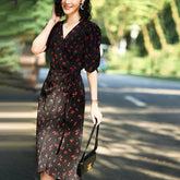 Womens Cherry Print Silk Dress One Piece Silk Wrap Dress Silk Midi Dress